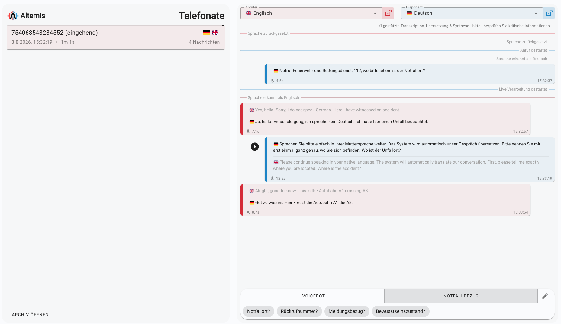 ALTERNIS Bedienoberfläche: Telefonatliste links, Gesprächsverlauf und Sprachauswahl rechts, Sprachbausteine unten